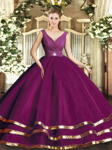 Floor Length Backless 15th Birthday Dress Fuchsia for Sweet 16 and Quinceanera with Beading and Ruffled Layers and Ruching