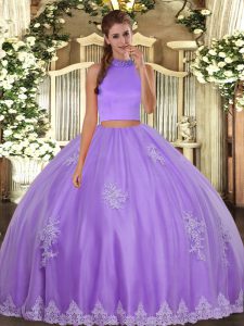 Charming Lavender Backless Halter Top Beading and Appliques Quinceanera Gowns Tulle Sleeveless