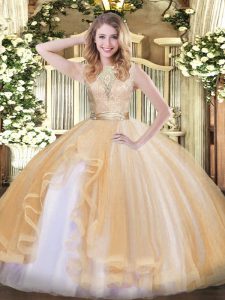 Exquisite Champagne Ball Gowns Scoop Sleeveless Organza Floor Length Backless Lace and Ruffles 15th Birthday Dress