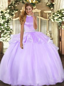 Lavender Tulle Backless Quince Ball Gowns Sleeveless Floor Length Beading and Ruffles