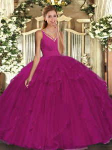V-neck Sleeveless Backless Quince Ball Gowns Fuchsia Tulle