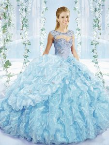 Fitting Blue Lace Up Sweet 16 Dress Beading and Ruffles and Pick Ups Sleeveless