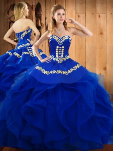 Blue Sweetheart Lace Up Embroidery and Ruffles Sweet 16 Dress Sleeveless
