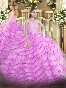 Lilac Lace Up Sweetheart Beading and Ruffled Layers Quince Ball Gowns Organza Sleeveless Brush Train