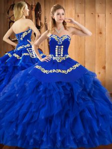 Floor Length Lace Up Quinceanera Gown Blue for Military Ball and Sweet 16 and Quinceanera with Embroidery and Ruffles