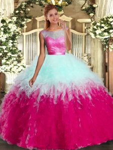 High Quality Scoop Sleeveless 15th Birthday Dress Floor Length Beading and Ruffles Multi-color Tulle