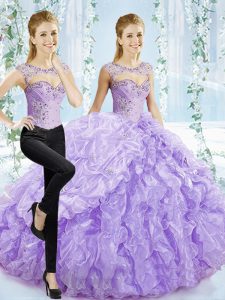 Edgy Lavender Sweetheart Lace Up Beading and Pick Ups Vestidos de Quinceanera Brush Train Sleeveless