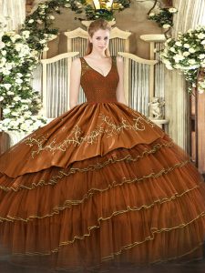 Brown Ball Gowns Beading and Embroidery and Ruffled Layers Quince Ball Gowns Zipper Satin and Tulle Sleeveless Floor Length