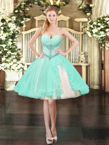Shining Sleeveless Tulle Mini Length Lace Up Dress for Prom in Apple Green with Beading