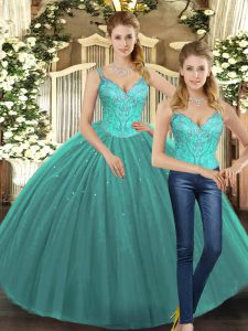 Dazzling Turquoise Lace Up 15 Quinceanera Dress Beading Sleeveless Floor Length