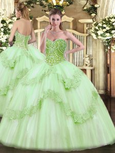 Captivating Apple Green Ball Gowns Sweetheart Sleeveless Tulle Floor Length Lace Up Beading and Appliques Sweet 16 Dress