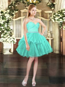 High Quality Mini Length Aqua Blue Prom Gown Tulle Sleeveless Beading and Lace