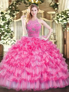 Amazing Hot Pink Ball Gowns Beading and Ruffled Layers Vestidos de Quinceanera Zipper Tulle Sleeveless Floor Length
