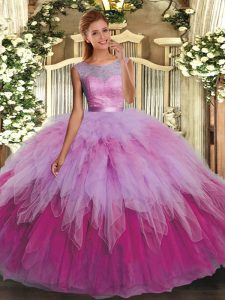 Scoop Sleeveless Organza Ball Gown Prom Dress Beading and Ruffles Backless