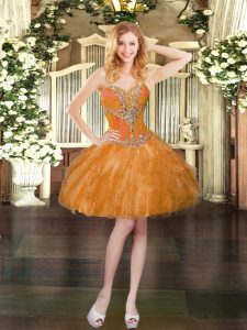 Amazing Tulle Sweetheart Sleeveless Lace Up Beading and Ruffles Dress for Prom in Orange