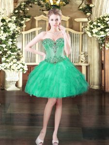 Turquoise Lace Up Evening Dress Beading and Ruffles Sleeveless Mini Length