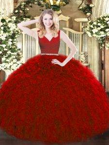 Red Tulle Zipper V-neck Sleeveless Floor Length Sweet 16 Quinceanera Dress Beading and Ruffles