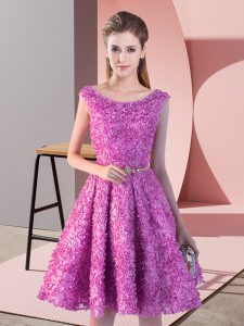 Lilac A-line Belt Prom Party Dress Lace Up Lace Sleeveless Knee Length