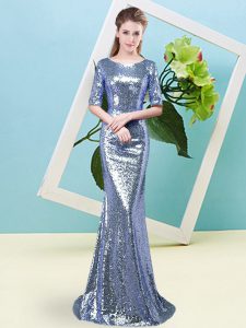 Half Sleeves Sequined Floor Length Zipper Dress for Prom in Blue with Sequins