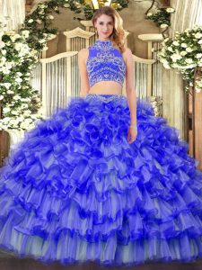Perfect Blue Two Pieces Beading and Ruffled Layers Sweet 16 Dresses Backless Tulle Sleeveless Floor Length