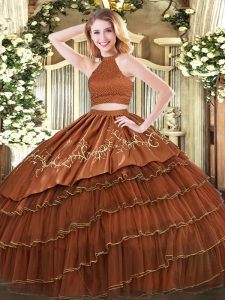 Comfortable Brown Sleeveless Organza Backless Ball Gown Prom Dress for Military Ball and Sweet 16 and Quinceanera