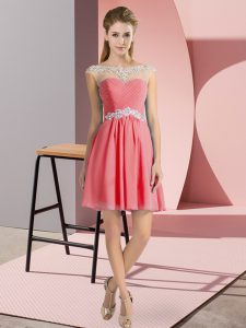 Luxurious Watermelon Red Lace Up Scoop Beading Prom Party Dress Chiffon Cap Sleeves