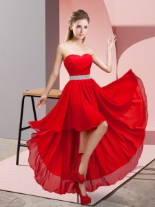 Customized Beading Quinceanera Dama Dress Red Lace Up Sleeveless High Low