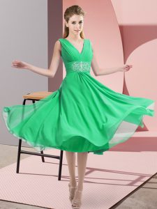 Fantastic Turquoise Chiffon Side Zipper V-neck Sleeveless Knee Length Dama Dress for Quinceanera Beading