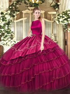 Exquisite Fuchsia Sleeveless Embroidery and Ruffled Layers Floor Length Quinceanera Gown