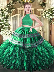 Custom Design Sleeveless Beading and Embroidery and Ruffles Backless Ball Gown Prom Dress