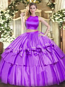 New Arrival Ruffled Layers Ball Gown Prom Dress Eggplant Purple Criss Cross Sleeveless Floor Length