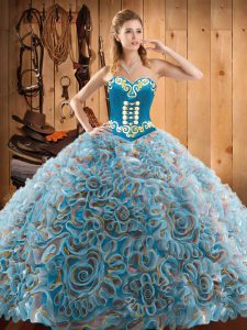 Multi-color Ball Gowns Satin and Fabric With Rolling Flowers Sweetheart Sleeveless Embroidery With Train Lace Up Ball Gown Prom Dress Sweep Train