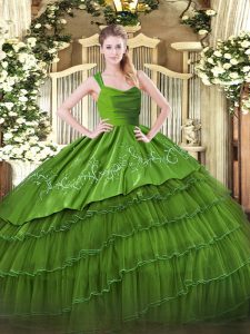 Inexpensive Floor Length Olive Green Quinceanera Gowns Straps Sleeveless Zipper