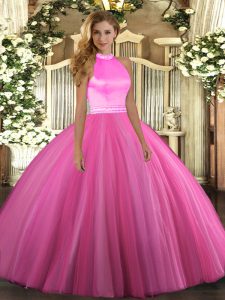 Tulle Halter Top Sleeveless Backless Beading Sweet 16 Dresses in Rose Pink