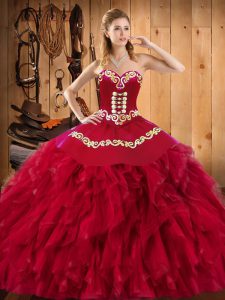 Wine Red Ball Gowns Satin and Organza Sweetheart Sleeveless Embroidery and Ruffles Floor Length Lace Up Quinceanera Gown