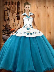 Perfect Sleeveless Satin and Tulle Floor Length Lace Up Quinceanera Gowns in Teal with Embroidery