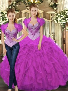 Hot Sale Fuchsia Straps Lace Up Beading and Ruffles 15th Birthday Dress Sleeveless