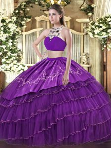 Cute Purple Tulle Backless High-neck Sleeveless Floor Length 15 Quinceanera Dress Beading and Embroidery and Ruffled Layers