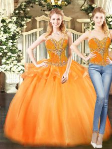 Customized Floor Length Orange Red 15th Birthday Dress Organza Sleeveless Beading and Ruffles