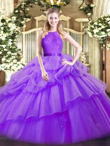 Floor Length Zipper 15 Quinceanera Dress Eggplant Purple for Military Ball and Sweet 16 and Quinceanera with Lace and Ruffled Layers
