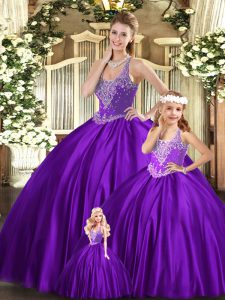 Organza Straps Sleeveless Lace Up Beading 15 Quinceanera Dress in Purple