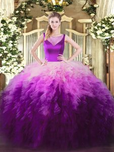 Sophisticated Floor Length Multi-color 15th Birthday Dress Tulle Sleeveless Beading and Ruffles