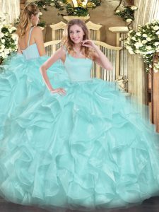 Best Selling Organza Sleeveless Floor Length Quince Ball Gowns and Beading and Ruffles