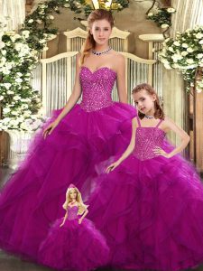 Charming Fuchsia Ball Gowns Beading and Ruffles Quince Ball Gowns Lace Up Organza Sleeveless Floor Length