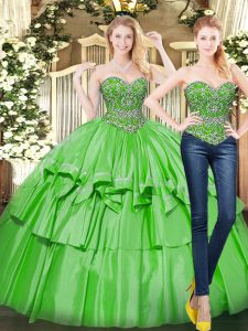 Green 15 Quinceanera Dress Military Ball and Sweet 16 and Quinceanera with Beading and Ruffled Layers Sweetheart Sleeveless Lace Up