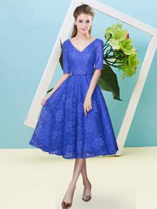 Half Sleeves Lace Up Tea Length Bowknot Dama Dress for Quinceanera