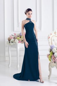 Spectacular Navy Blue Prom Dresses Prom and Party with Beading Halter Top Sleeveless Sweep Train Lace Up