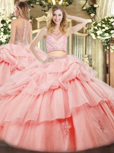 Tulle Sleeveless Floor Length Quince Ball Gowns and Beading and Ruffles