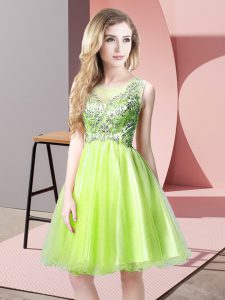 Modern Knee Length Zipper Prom Evening Gown Yellow Green for Prom and Party with Beading