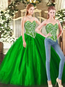 Cute Green Lace Up Quinceanera Dress Beading Sleeveless Floor Length
